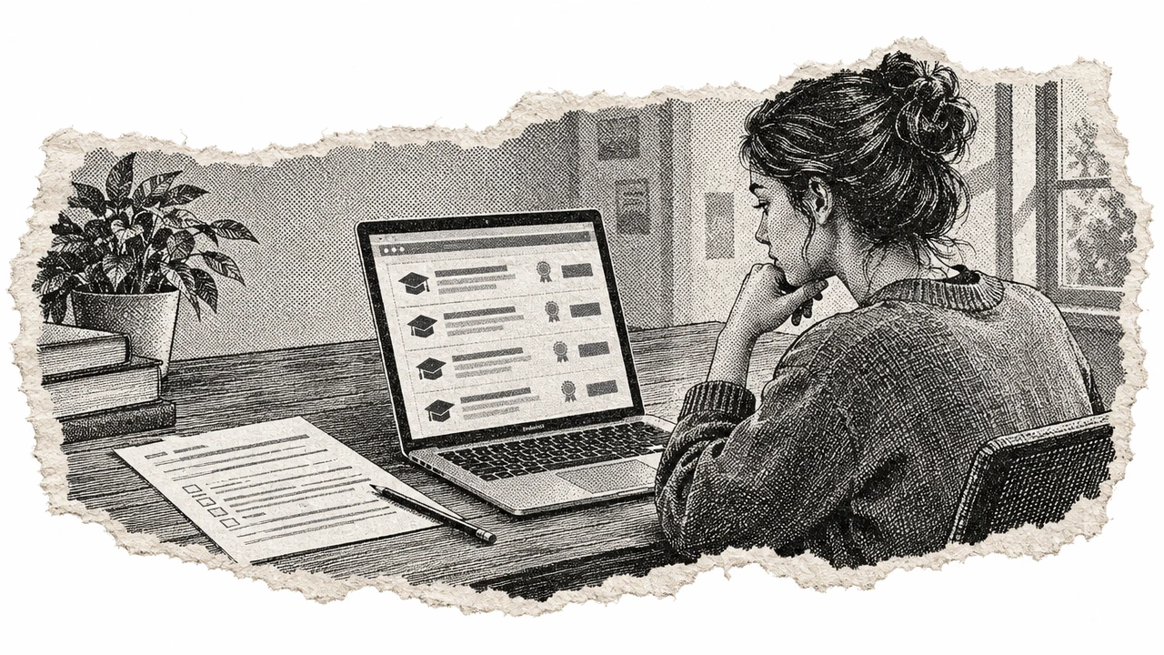 Black-and-white newspaper illustration of a student reviewing scholarship listings